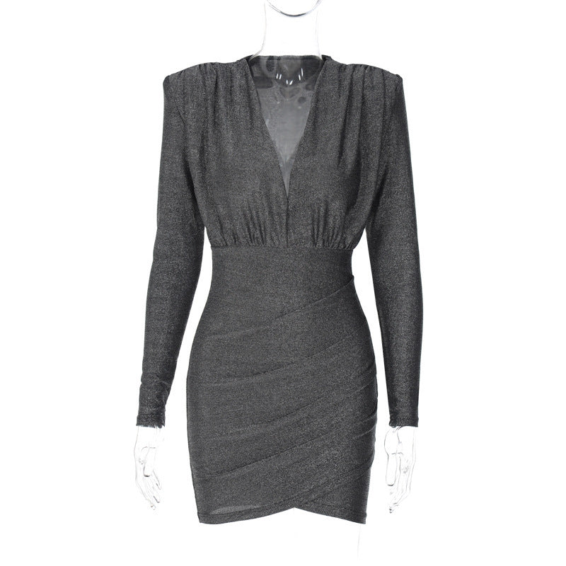 V-Neck Pleated Shoulder Long Sleeve Dress - ANIBEY