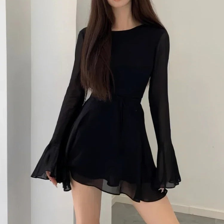 Women's Black Backless Temperament Waist-Controlled Long Sleeves Designer Skirt - ANIBEY