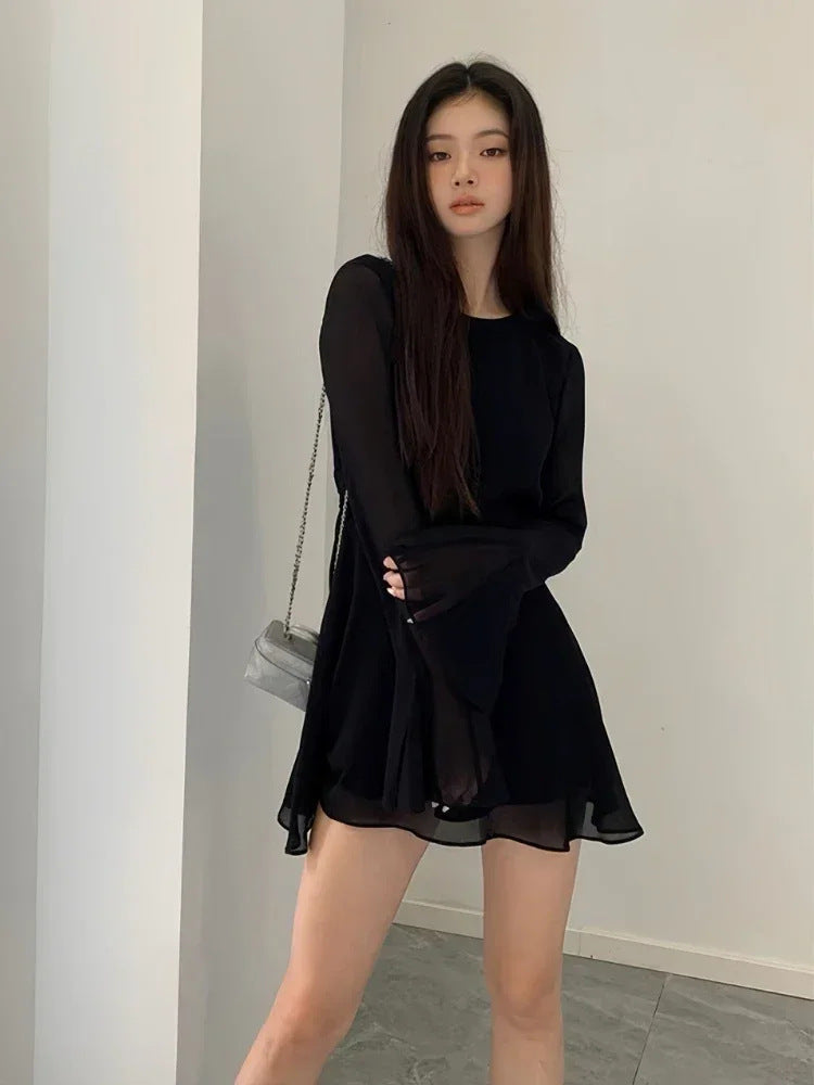Women's Black Backless Temperament Waist-Controlled Long Sleeves Designer Skirt - ANIBEY