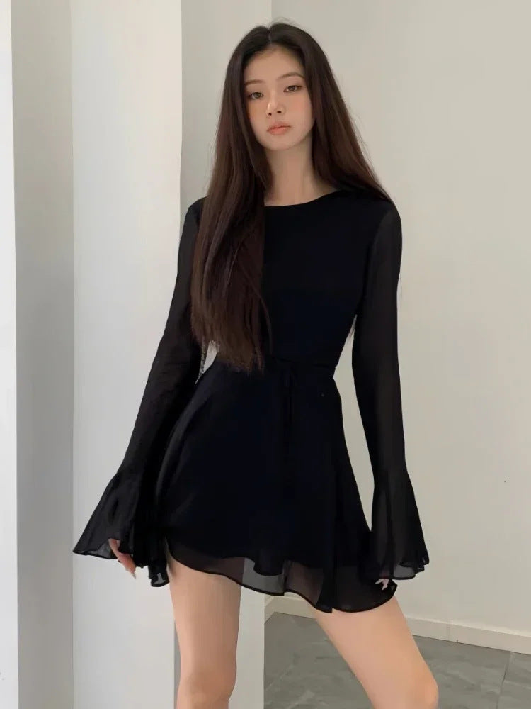 Women's Black Backless Temperament Waist-Controlled Long Sleeves Designer Skirt - ANIBEY