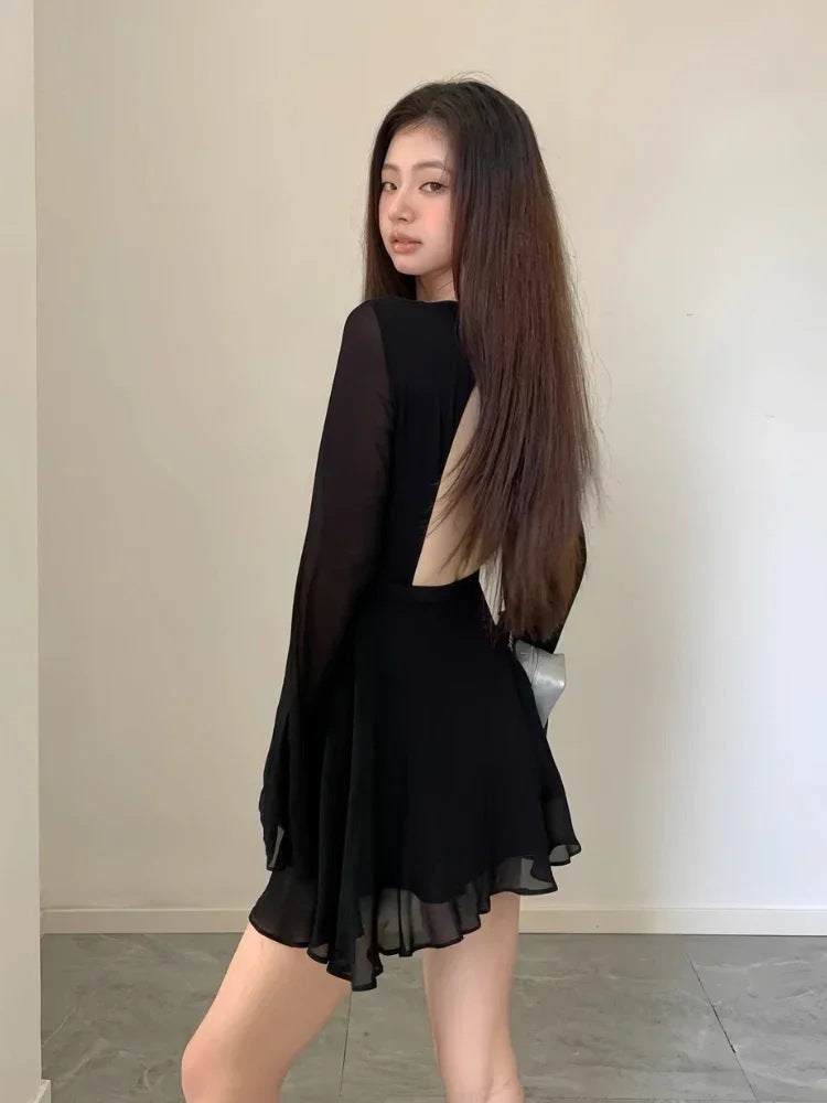 Women's Black Backless Temperament Waist-Controlled Long Sleeves Designer Skirt - ANIBEY
