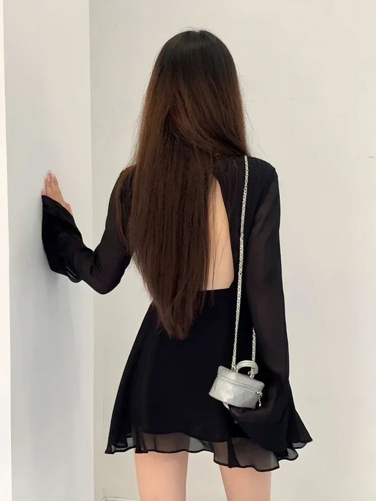 Women's Black Backless Temperament Waist-Controlled Long Sleeves Designer Skirt - ANIBEY
