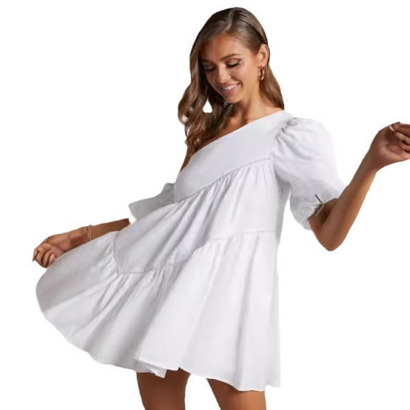 Women's Casual Loose Off-the-shoulder Puff Sleeves Stitching Short Sleeve Dress - ANIBEY