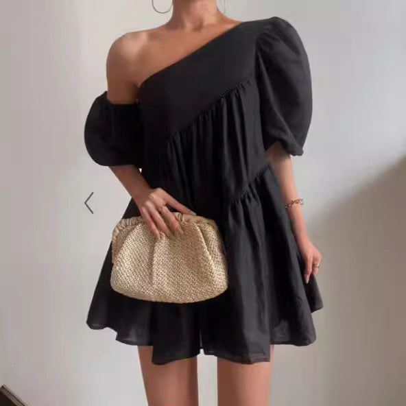 Women's Casual Loose Off-the-shoulder Puff Sleeves Stitching Short Sleeve Dress - ANIBEY
