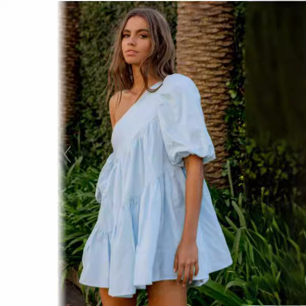 Women's Casual Loose Off-the-shoulder Puff Sleeves Stitching Short Sleeve Dress - ANIBEY