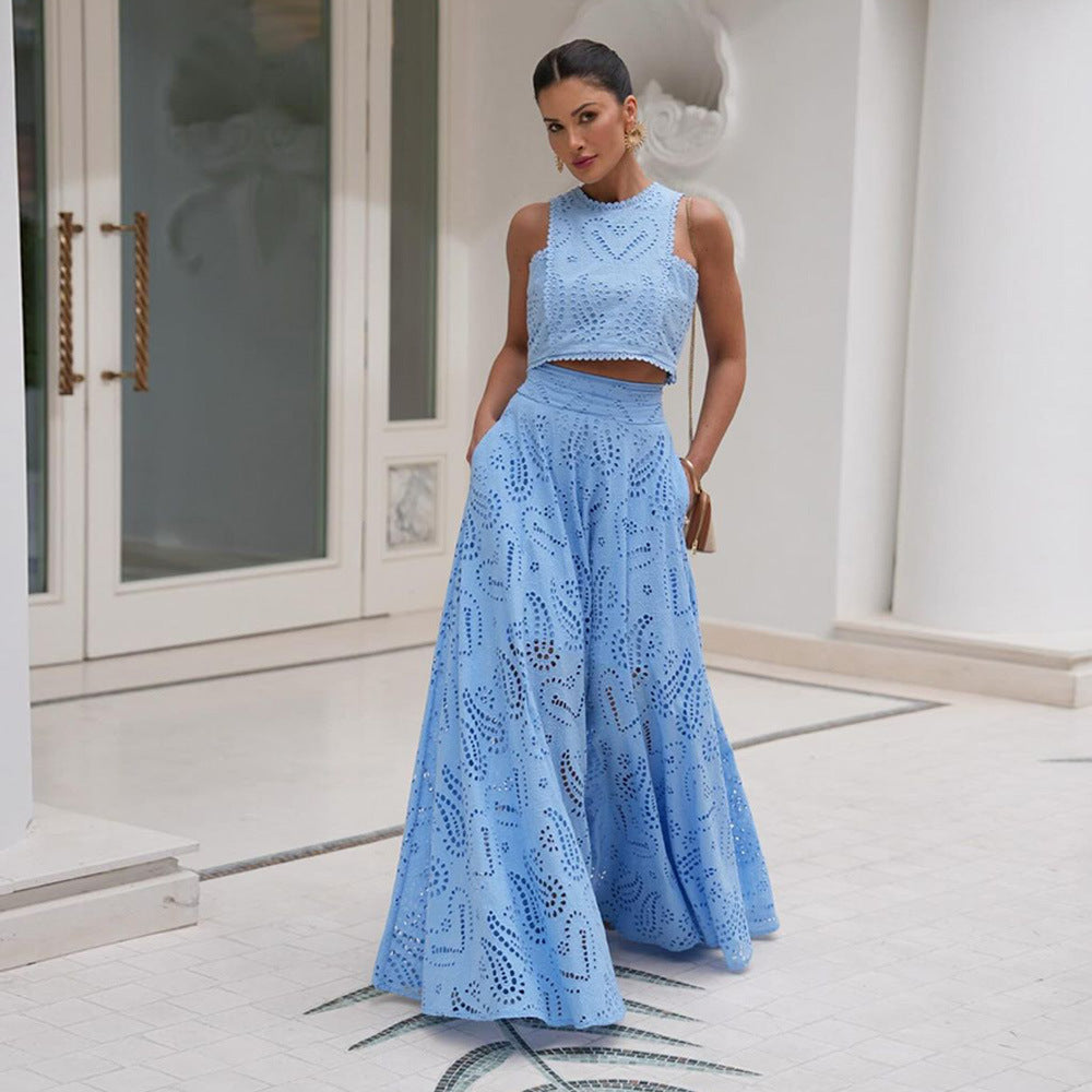 Women's Clothing Elegance Sleeveless Embroidery Lace Long Dress Holiday Suit Two-piece Set - ANIBEY