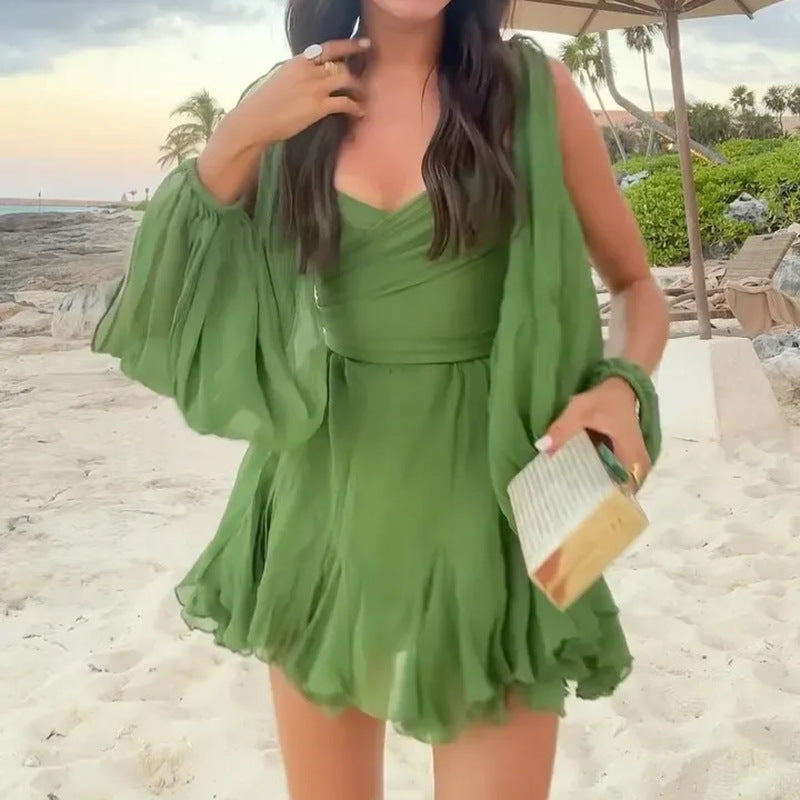 Women's Fashion Hollow Lantern Sleeve V-neck Off-shoulder Dress - ANIBEY