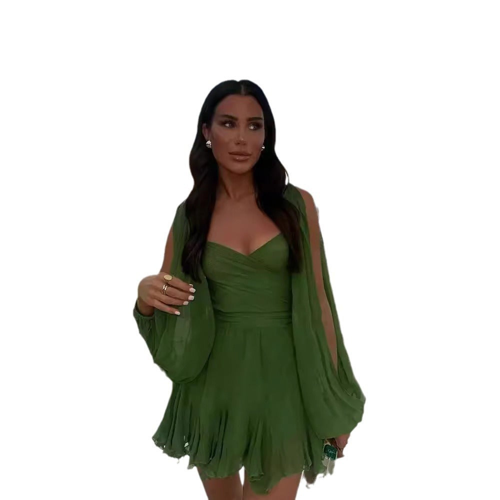 Women's Fashion Hollow Lantern Sleeve V-neck Off-shoulder Dress - ANIBEY