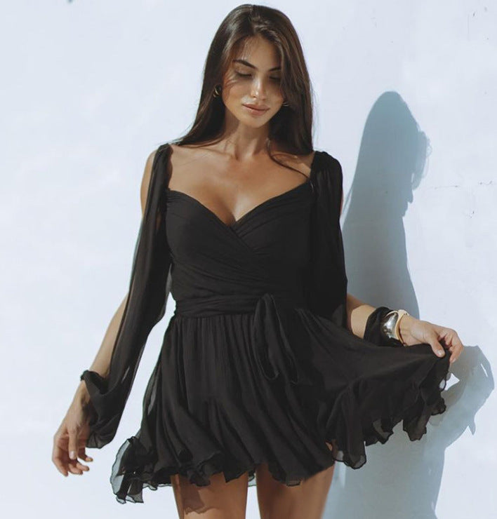 Women's Fashion Hollow Lantern Sleeve V-neck Off-shoulder Dress - ANIBEY