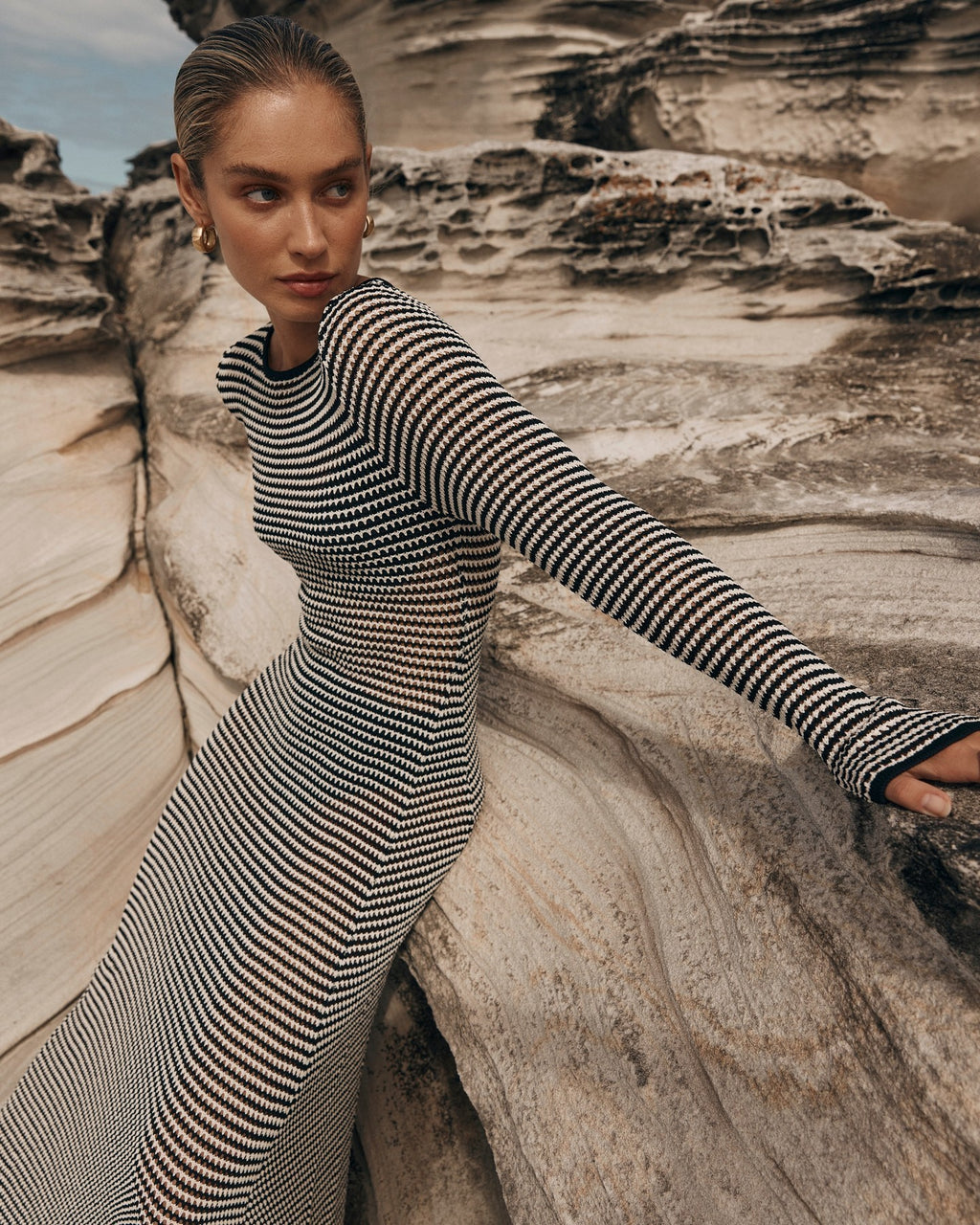 Women's Fashion Mesh Striped European And American Wind Beach Vacation Dress - ANIBEY
