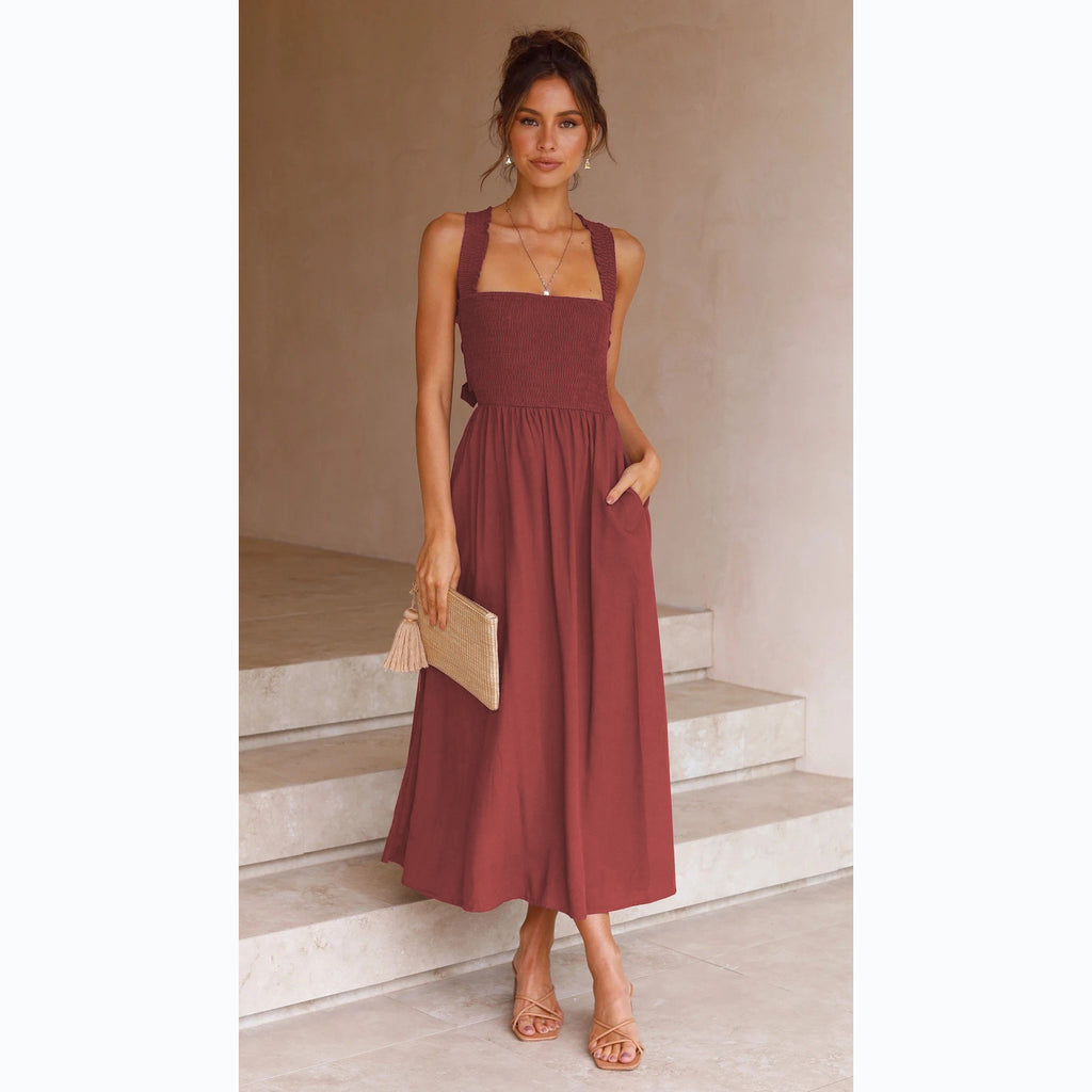 Women's Fashionable Elegant Cotton And Linen Off-neck Sling Dress - ANIBEY