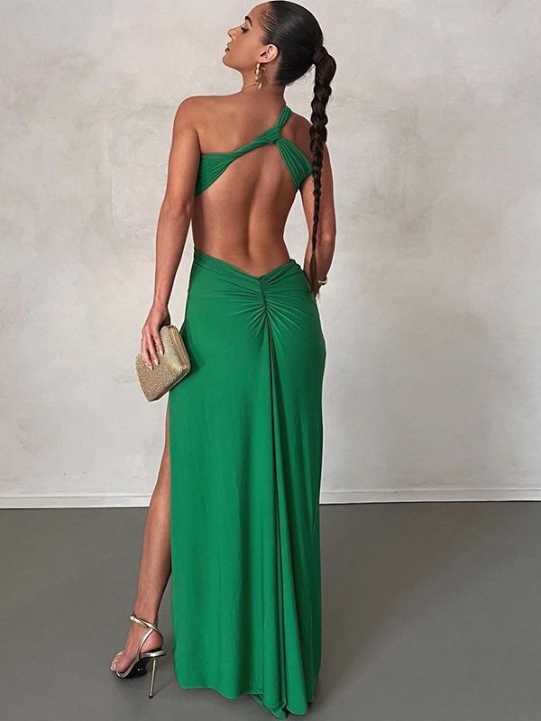 Women's Oblique Shoulder Dress Solid Color - ANIBEY