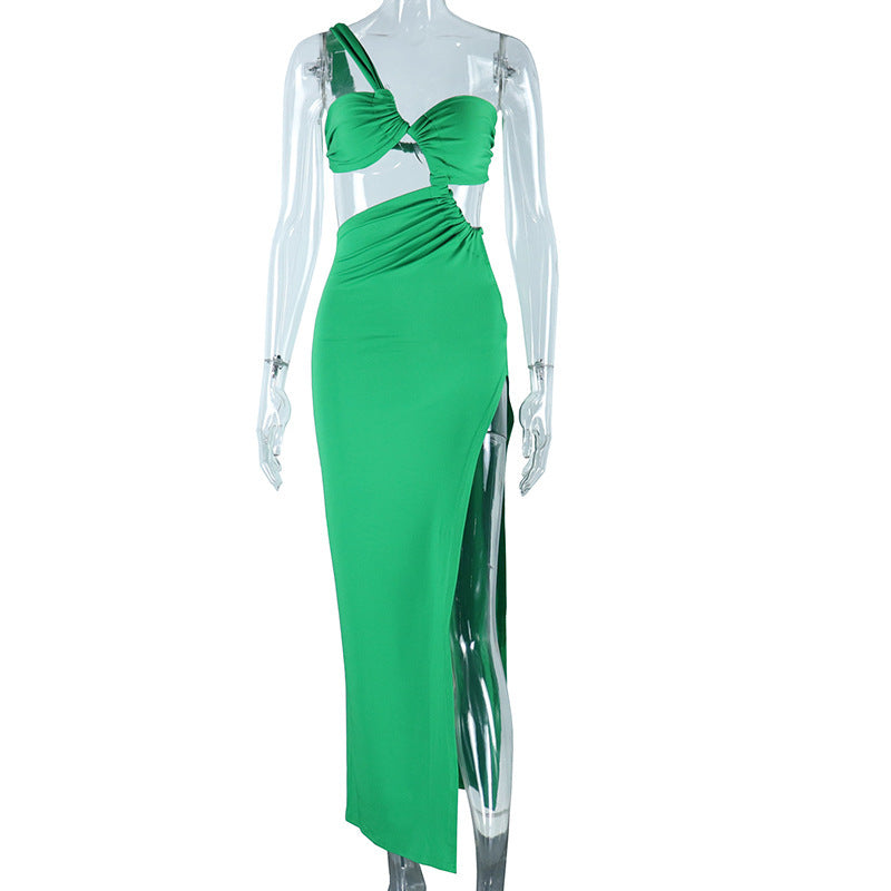 Women's Oblique Shoulder Dress Solid Color - ANIBEY