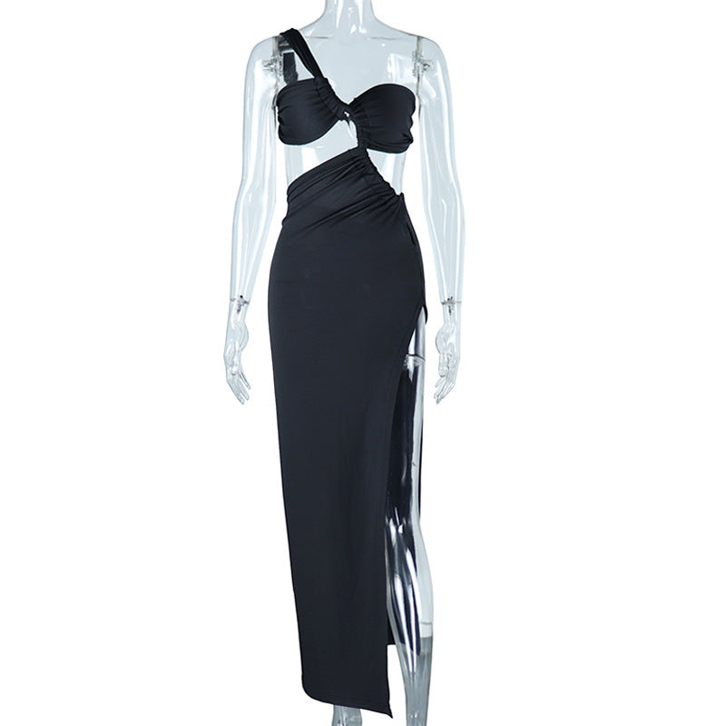 Women's Oblique Shoulder Dress Solid Color - ANIBEY