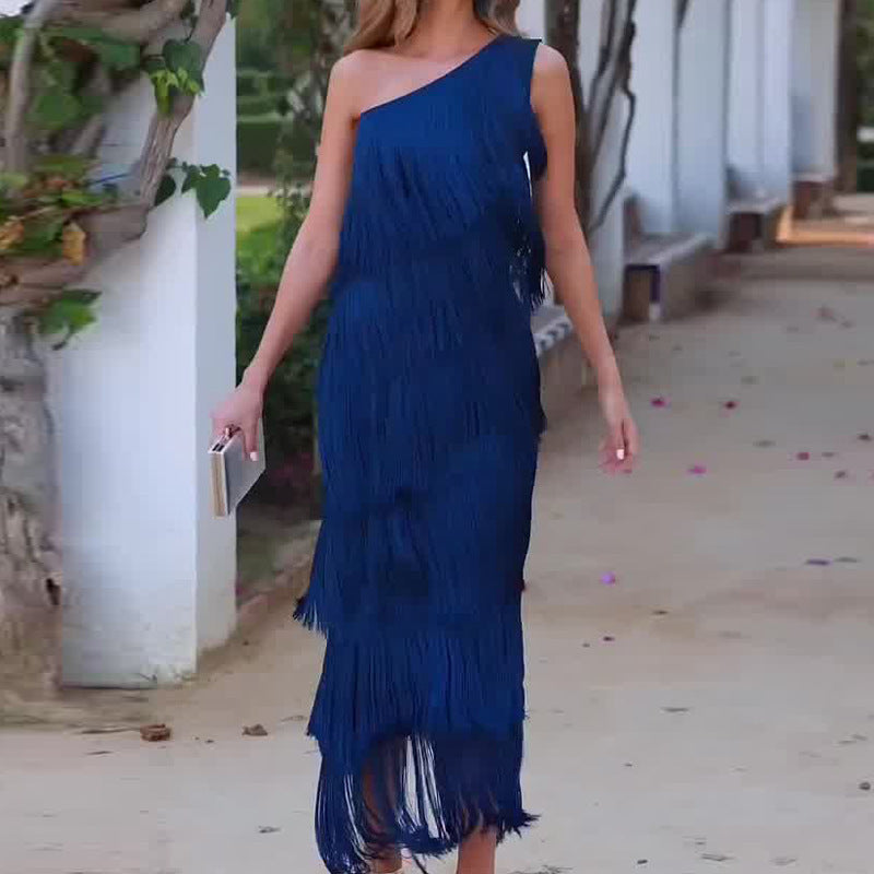 Women's Solid Color Diagonal Collar Multi-layer Tassel Stitching Design Dress - ANIBEY