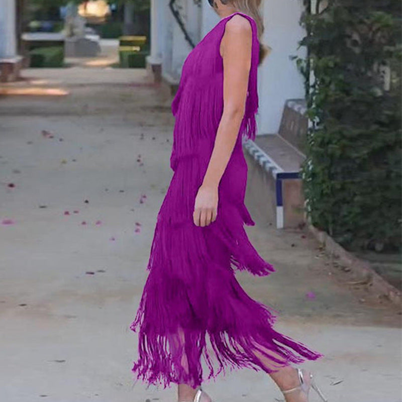 Women's Solid Color Diagonal Collar Multi-layer Tassel Stitching Design Dress - ANIBEY