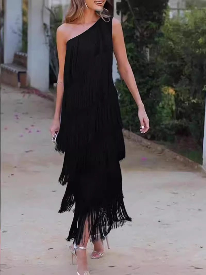 Women's Solid Color Diagonal Collar Multi-layer Tassel Stitching Design Dress - ANIBEY