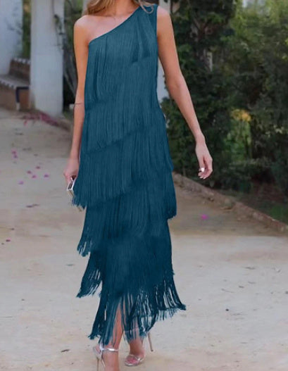 Women's Solid Color Diagonal Collar Multi-layer Tassel Stitching Design Dress - ANIBEY