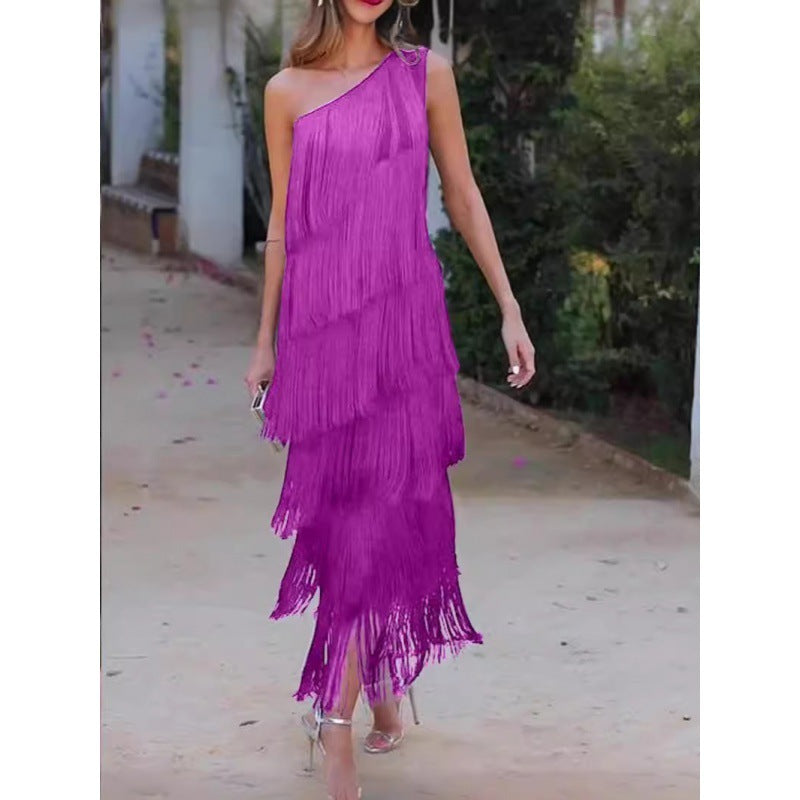 Women's Solid Color Diagonal Collar Multi-layer Tassel Stitching Design Dress - ANIBEY