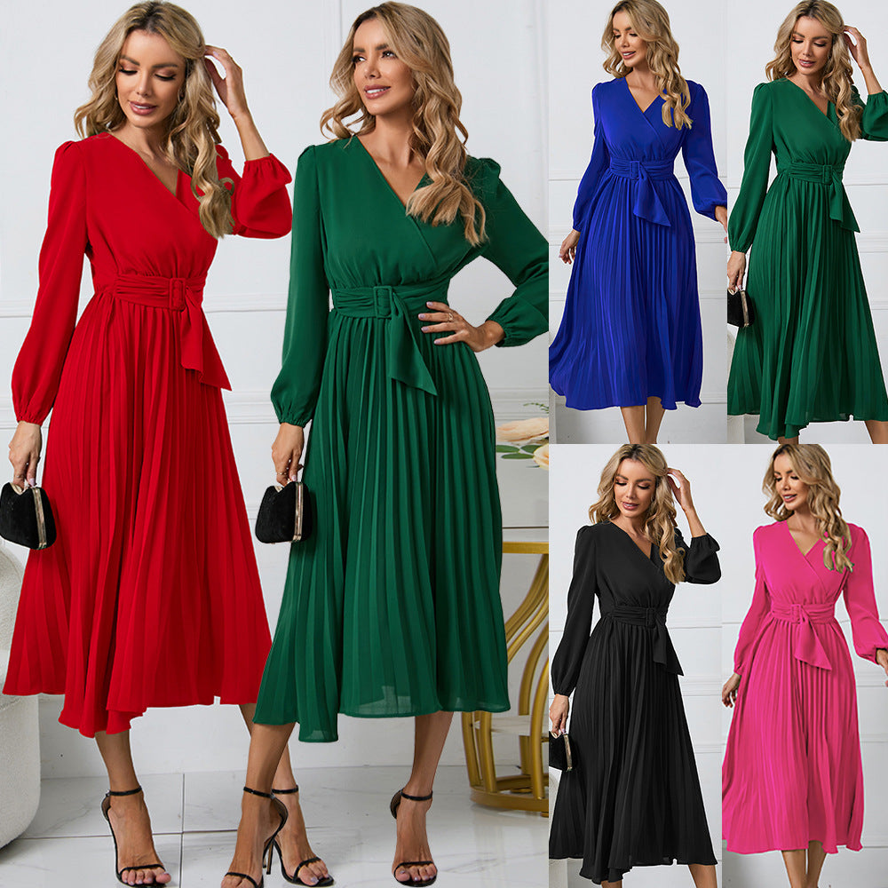 Women's Stylish Temperament Long Sleeves Slim-fit Pleated Belt V-neck Dress - ANIBEY