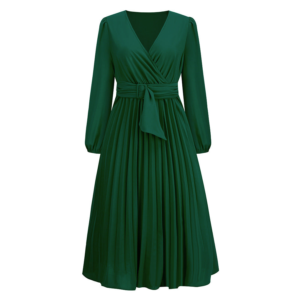 Women's Stylish Temperament Long Sleeves Slim-fit Pleated Belt V-neck Dress - ANIBEY
