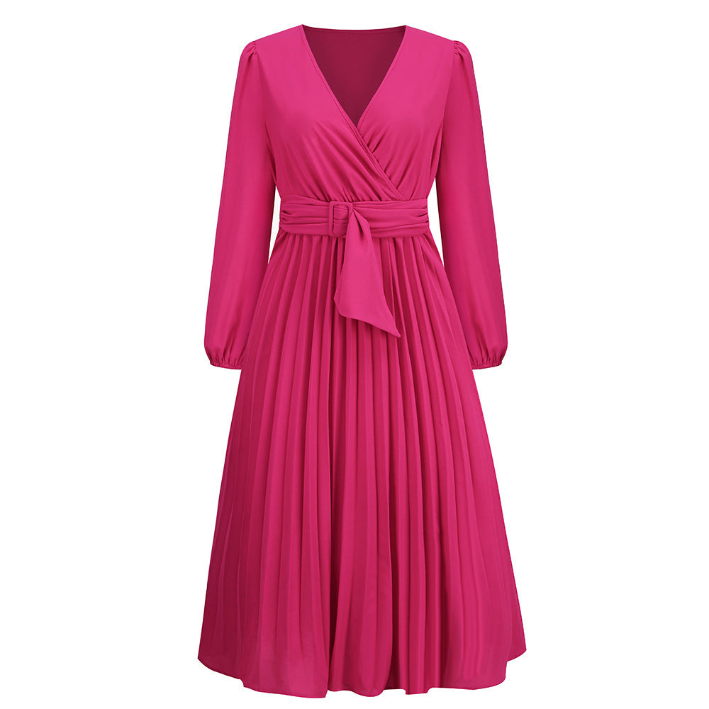 Women's Stylish Temperament Long Sleeves Slim-fit Pleated Belt V-neck Dress - ANIBEY