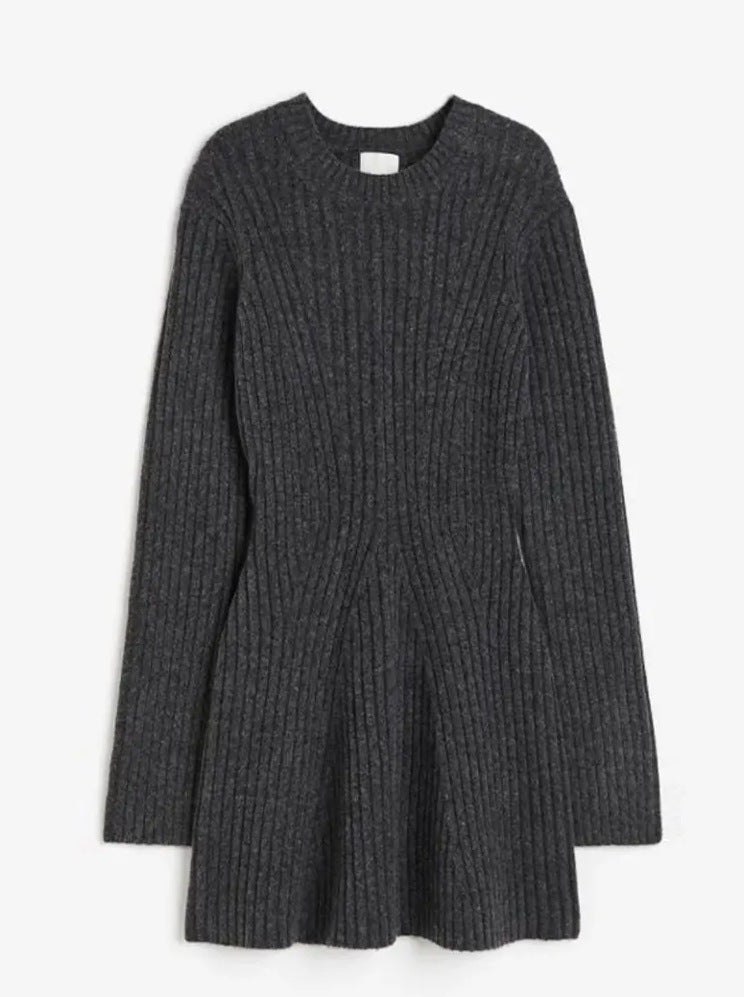 Women's Textured Round Neck Long Sleeve Slim Ribbed Dress - ANIBEY