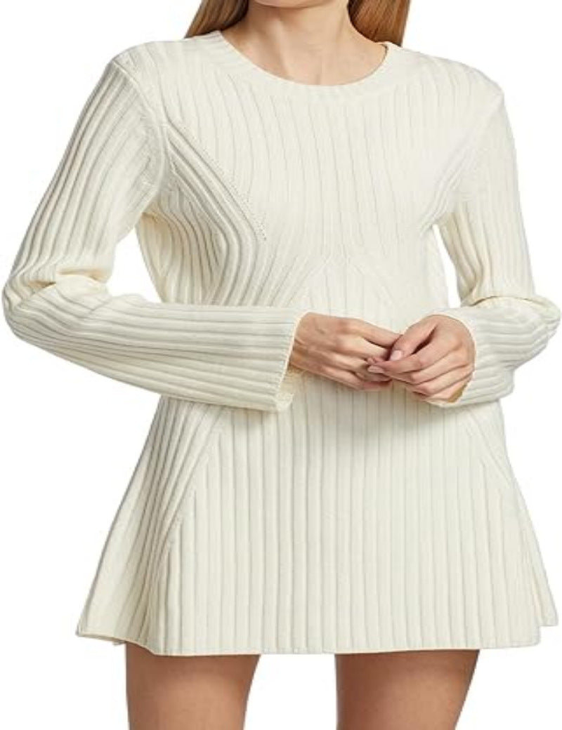 Women's Textured Round Neck Long Sleeve Slim Ribbed Dress - ANIBEY