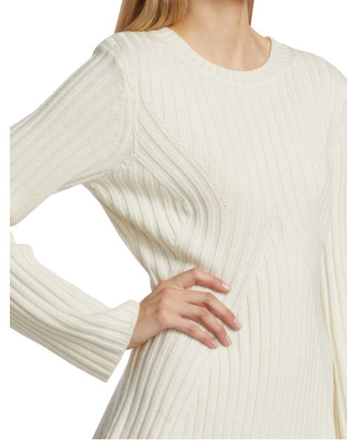 Women's Textured Round Neck Long Sleeve Slim Ribbed Dress - ANIBEY