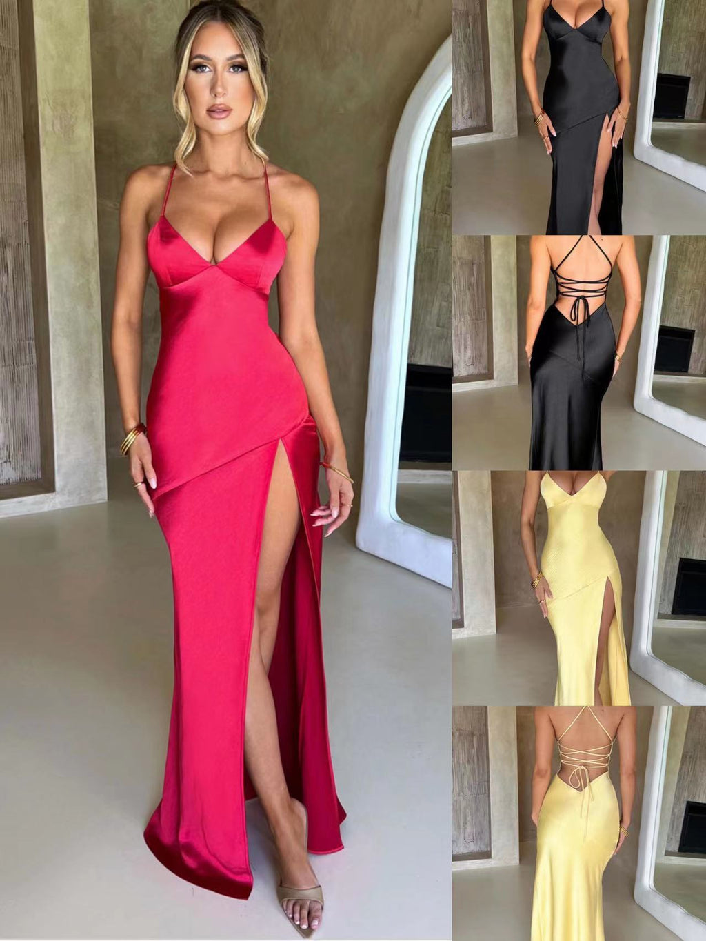 Women's V-neck Brace Satin Split Backless Long Dress - ANIBEY