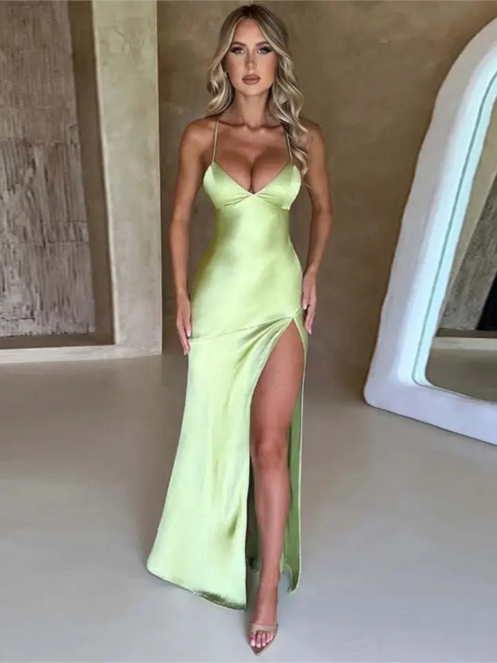 Women's V-neck Brace Satin Split Backless Long Dress - ANIBEY