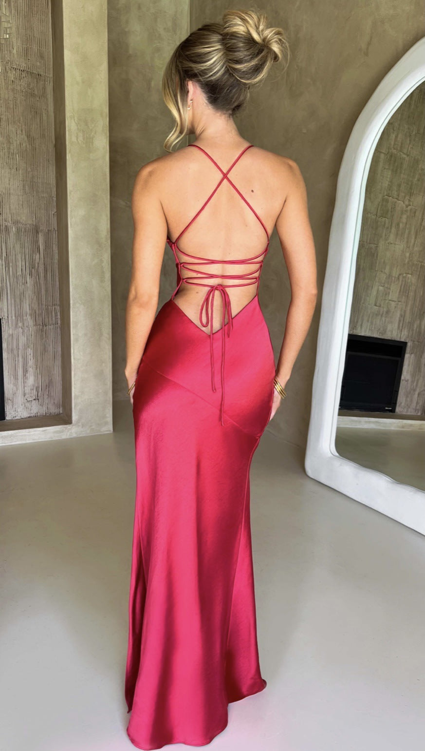 Women's V-neck Brace Satin Split Backless Long Dress - ANIBEY