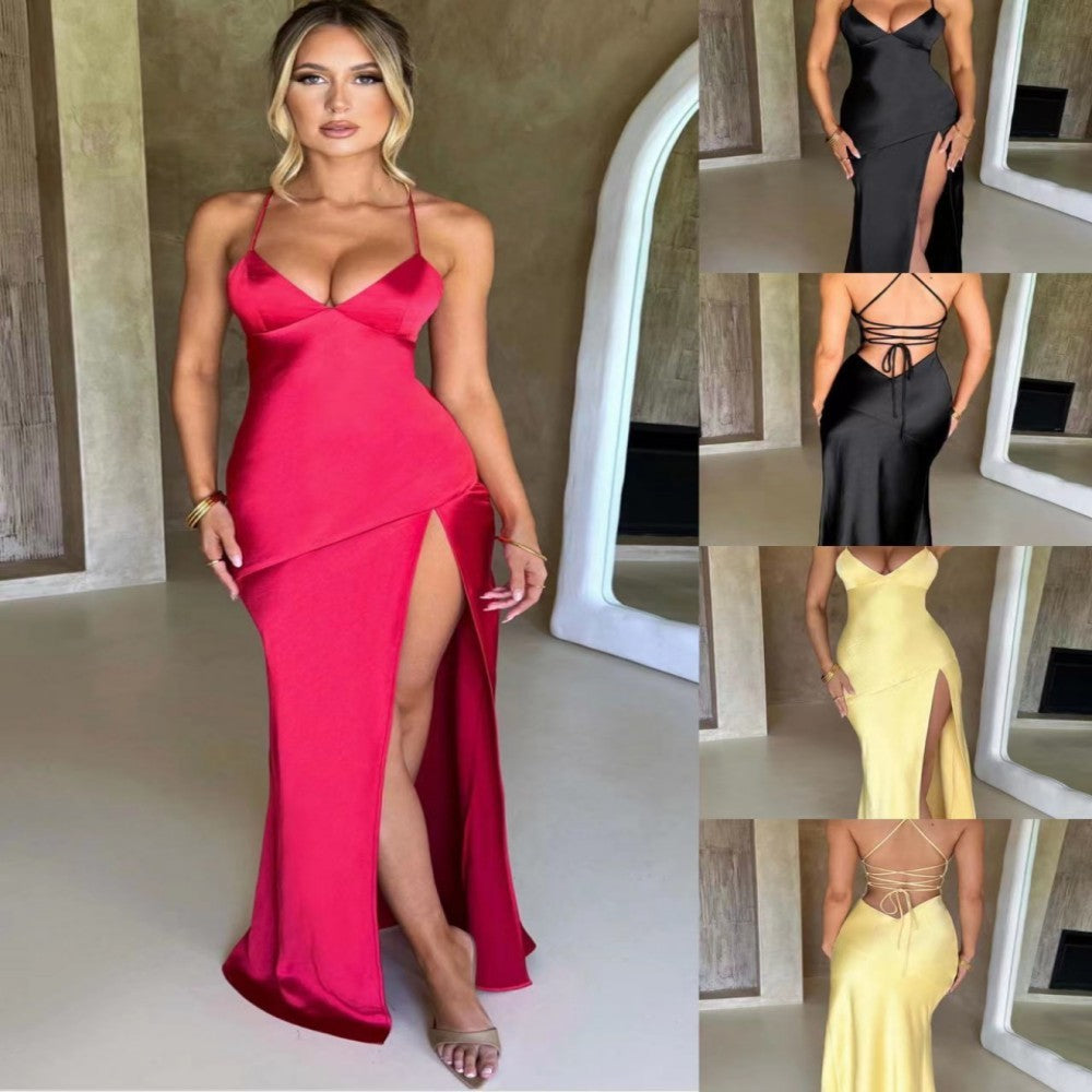 Women's V-neck Brace Satin Split Backless Long Dress - ANIBEY