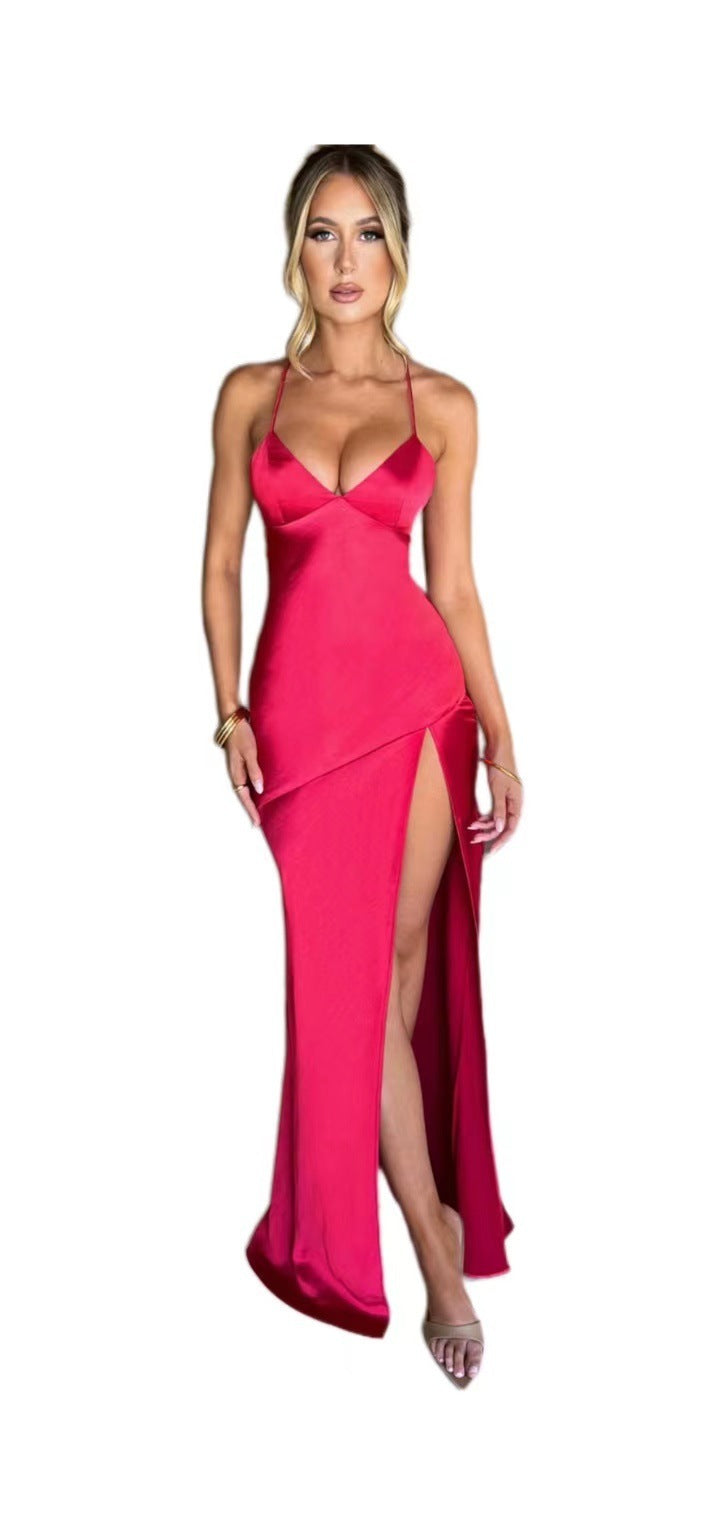 Women's V-neck Brace Satin Split Backless Long Dress - ANIBEY