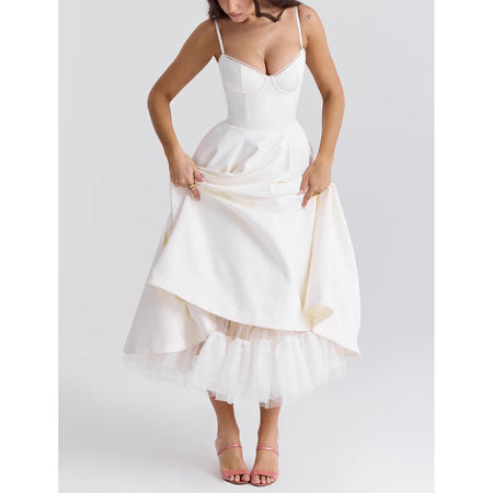 Women's V-neck Brace Sleeveless Dress Puffy Long Dress - ANIBEY