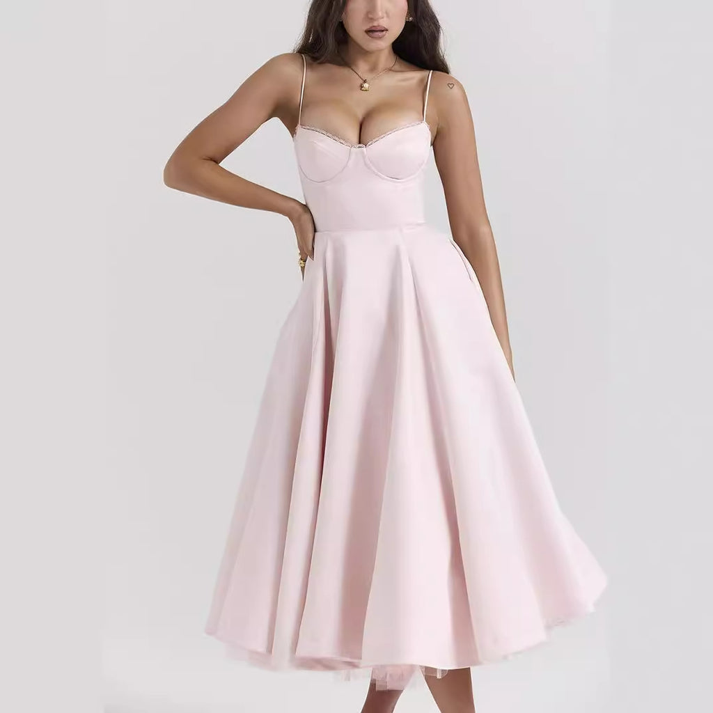 Women's V-neck Brace Sleeveless Dress Puffy Long Dress - ANIBEY