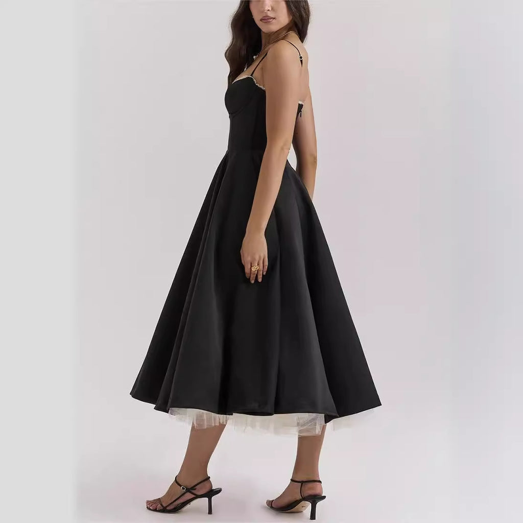 Women's V-neck Brace Sleeveless Dress Puffy Long Dress - ANIBEY