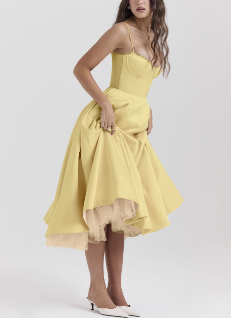 Women's V-neck Brace Sleeveless Dress Puffy Long Dress - ANIBEY