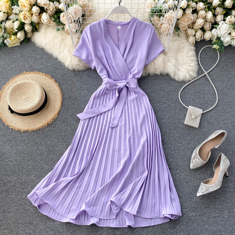 Pure Color V-Neck Pleated Skirt With Waist Waist AndKnee-Length Pleated Skirt - ANIBEY