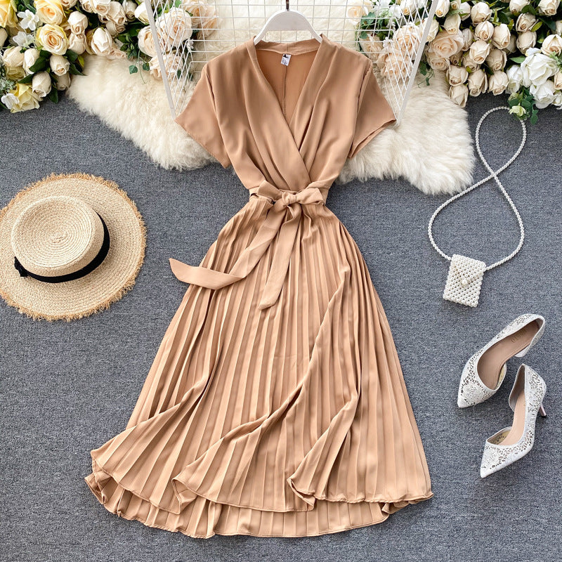 Pure Color V-Neck Pleated Skirt With Waist Waist AndKnee-Length Pleated Skirt - ANIBEY