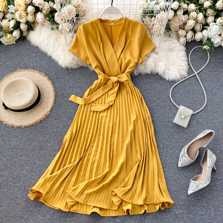 Pure Color V-Neck Pleated Skirt With Waist Waist AndKnee-Length Pleated Skirt - ANIBEY