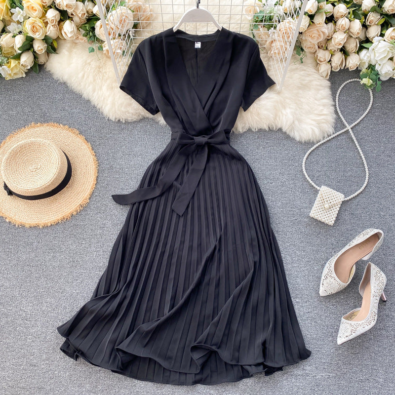 Pure Color V-Neck Pleated Skirt With Waist Waist AndKnee-Length Pleated Skirt - ANIBEY