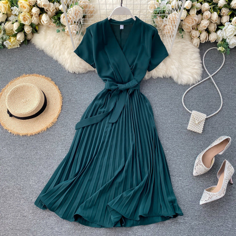 Pure Color V-Neck Pleated Skirt With Waist Waist AndKnee-Length Pleated Skirt - ANIBEY