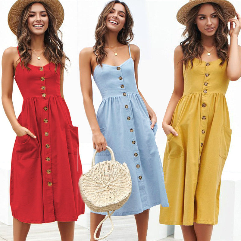 Women's Sling Button Backless Dress - ANIBEY