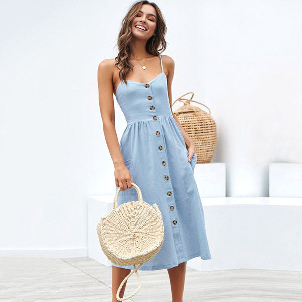 Women's Sling Button Backless Dress - ANIBEY