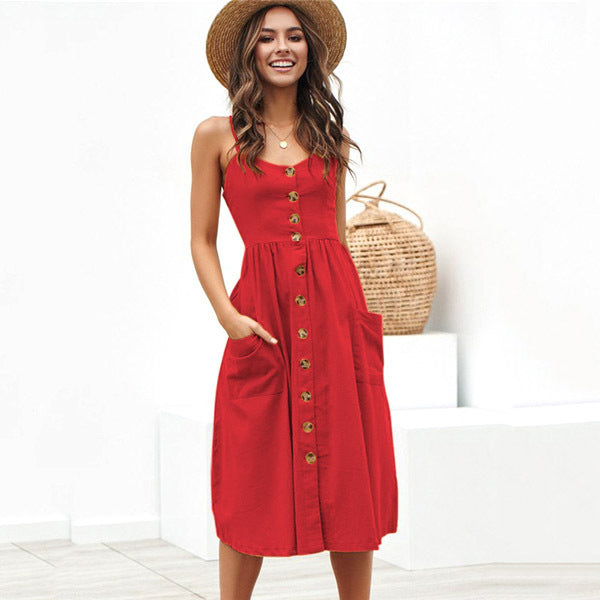 Women's Sling Button Backless Dress - ANIBEY