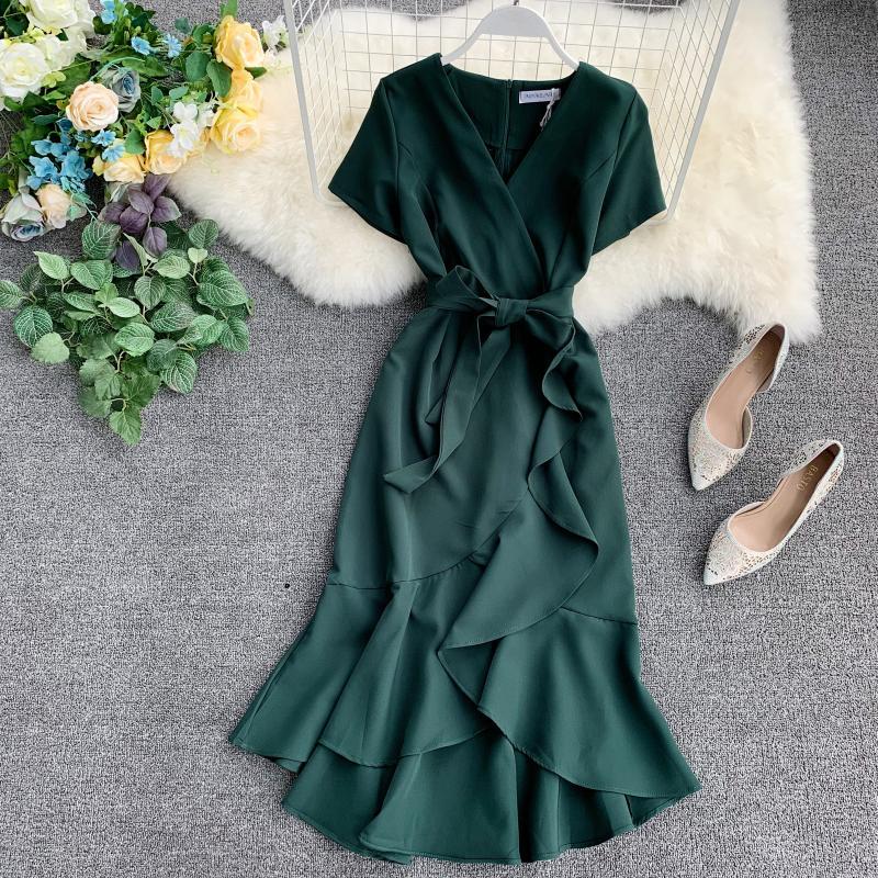Retro Solid Color V-Line Short-Sleeved High-Waist Lace-Up Front Short And Long Back - ANIBEY