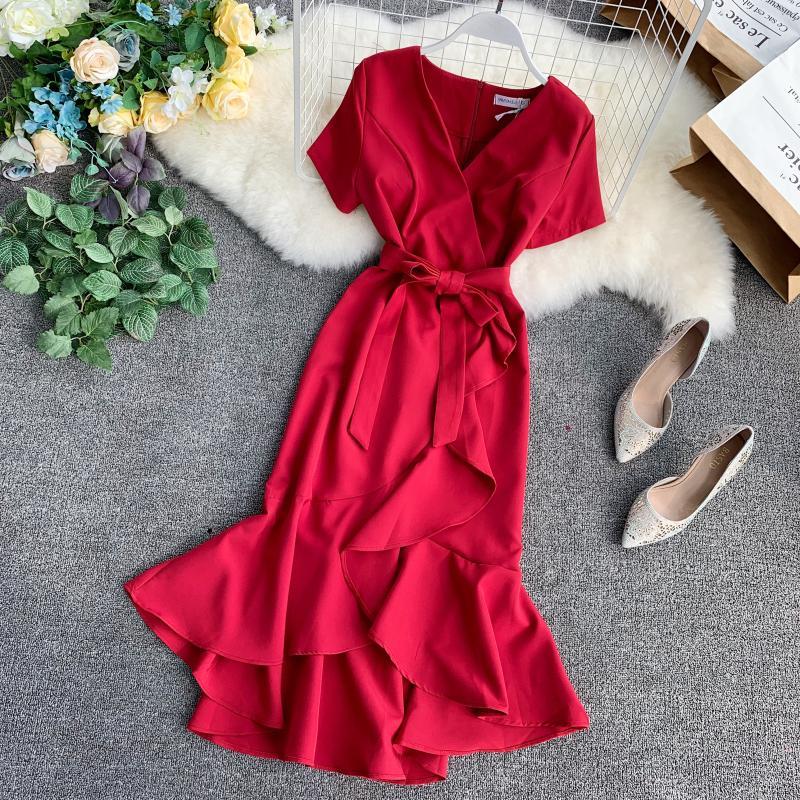 Retro Solid Color V-Line Short-Sleeved High-Waist Lace-Up Front Short And Long Back - ANIBEY
