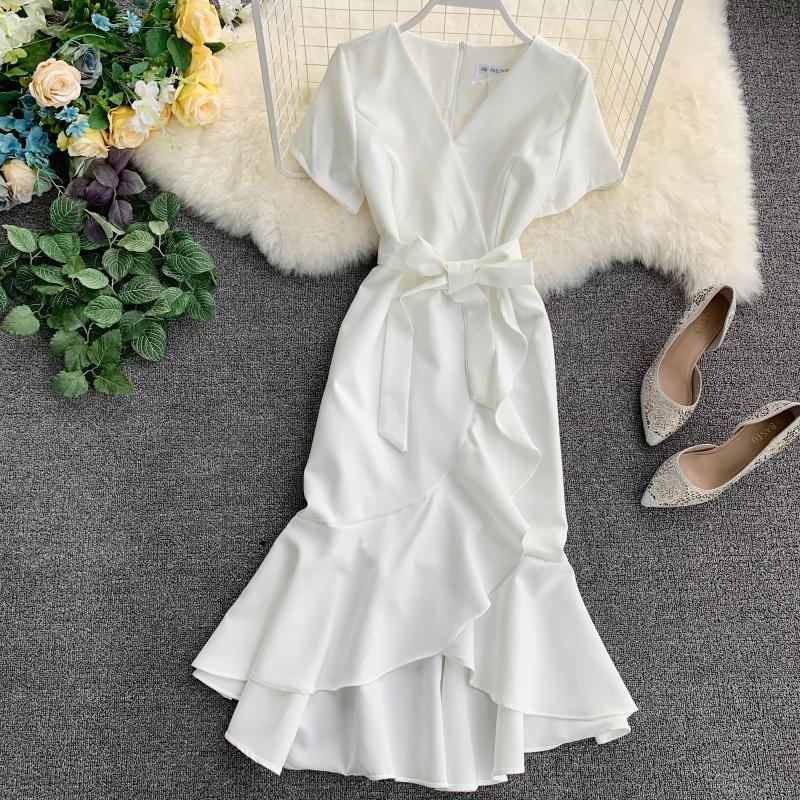 Retro Solid Color V-Line Short-Sleeved High-Waist Lace-Up Front Short And Long Back - ANIBEY