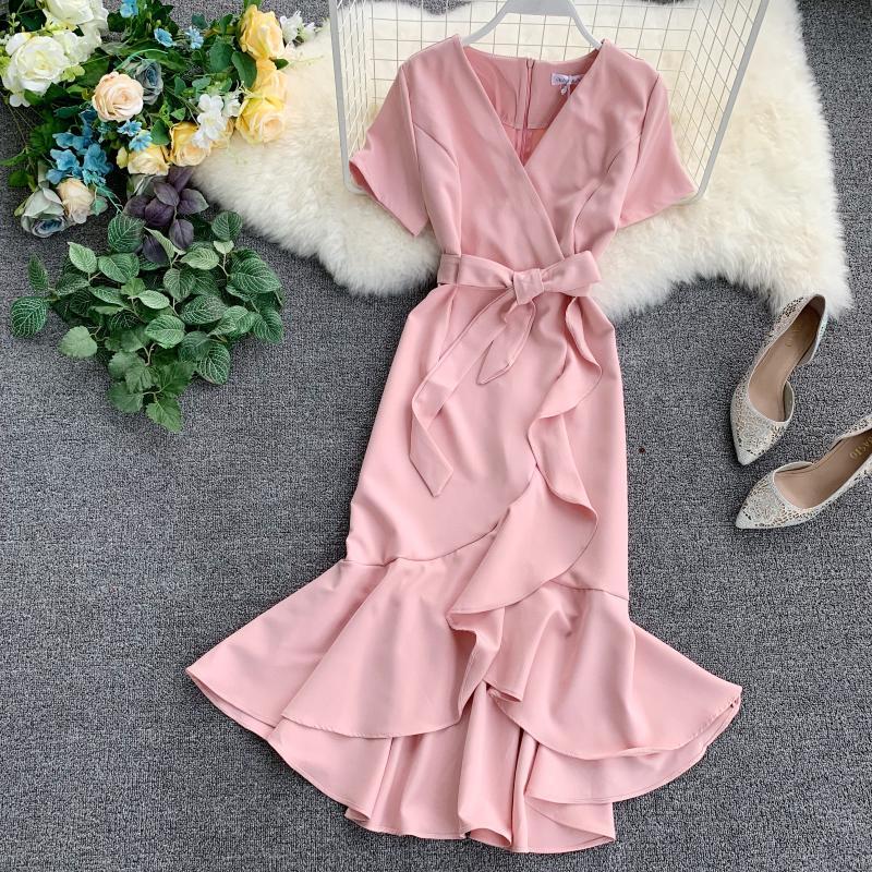 Retro Solid Color V-Line Short-Sleeved High-Waist Lace-Up Front Short And Long Back - ANIBEY